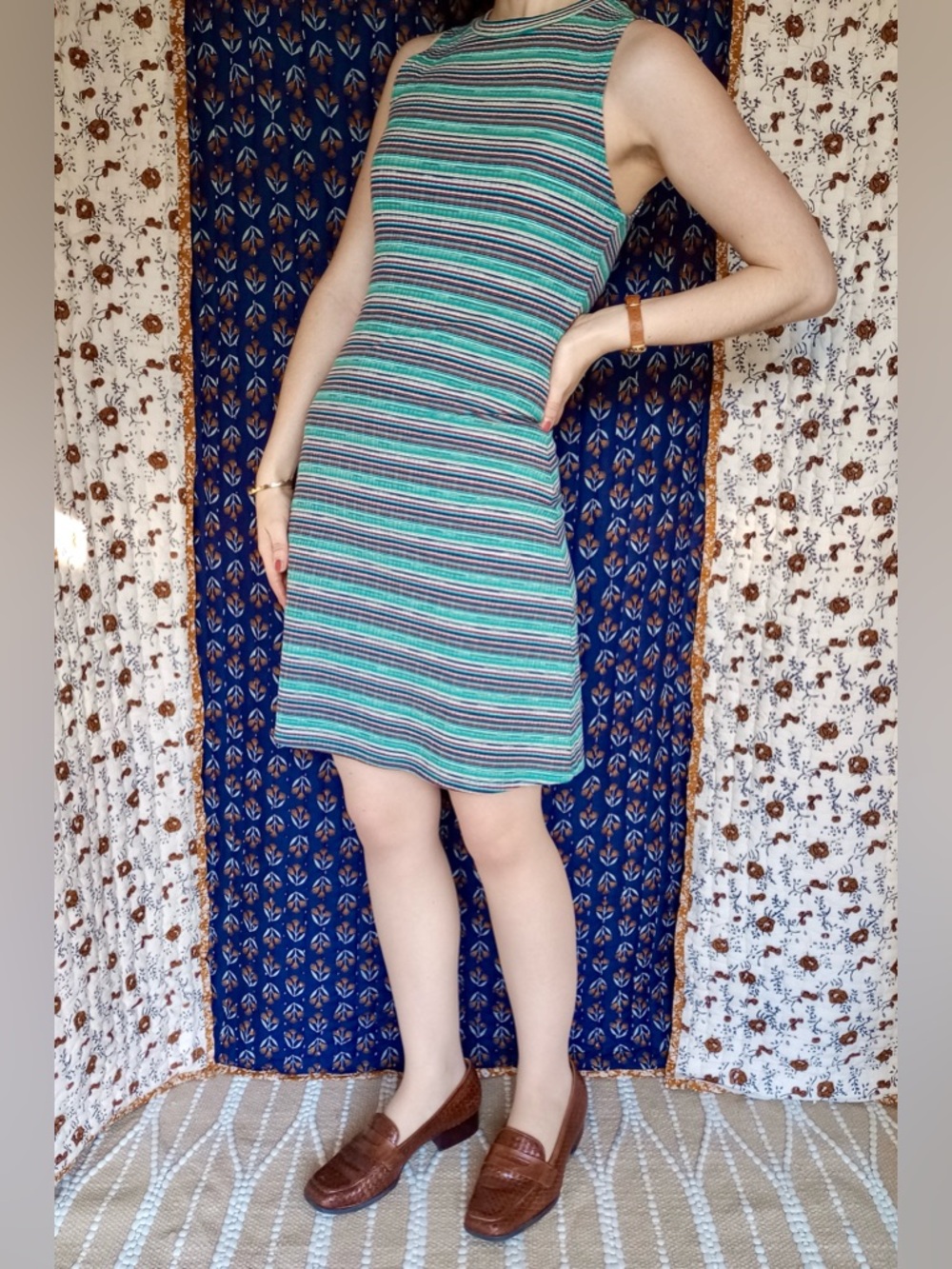 ❉ Striped Crew Neck Ribbed Knit Sleeveless Dress Size XS / S